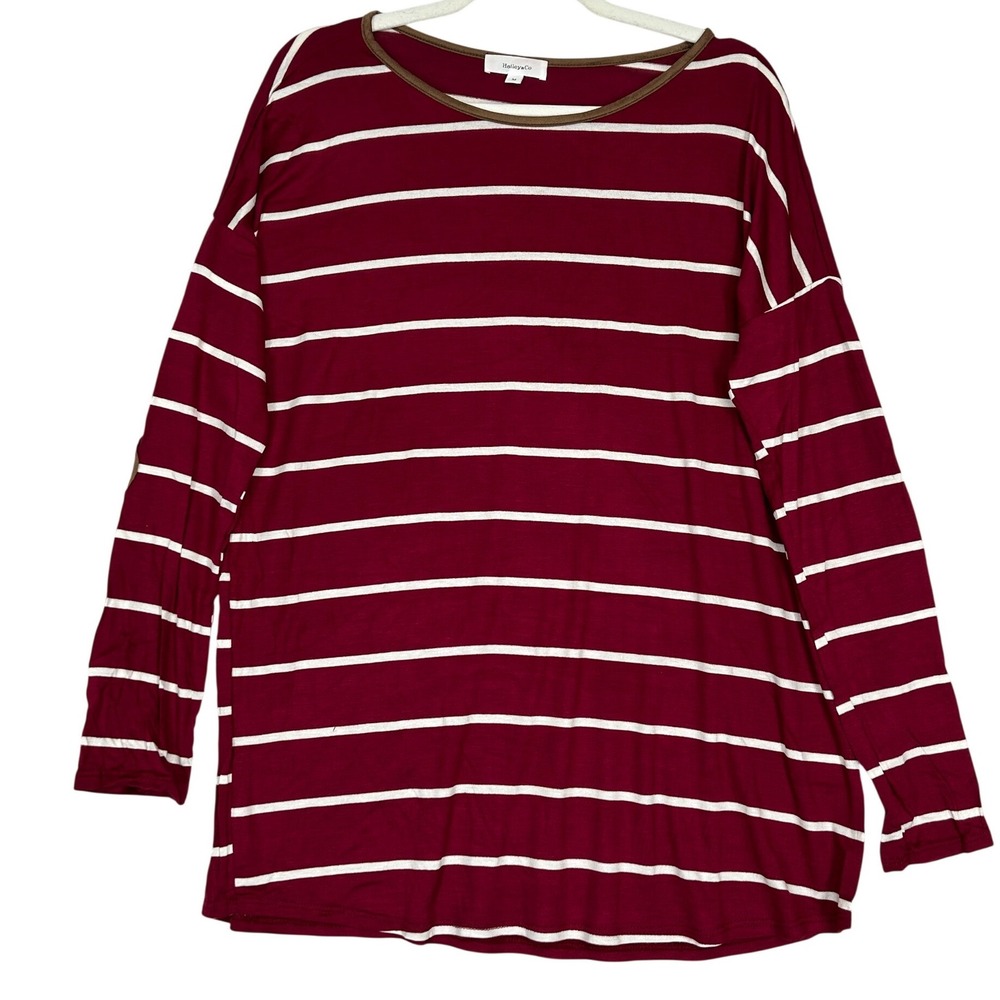 Hailey & Co Red Long Sleeved Blouse White Stripes Brown Elbow Patch Women M NWOT